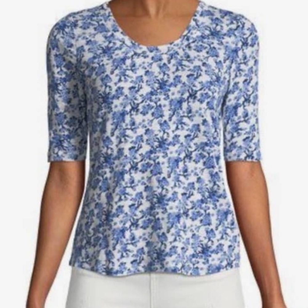 Rebecca Taylor Linen blue and white floral Floral 3/4 Sleeve Scoop Neck Tee